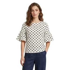 Cable & Gauge Polka Dot Blouse Ruffle Puff Short Sleeve Cream Top Womens M
